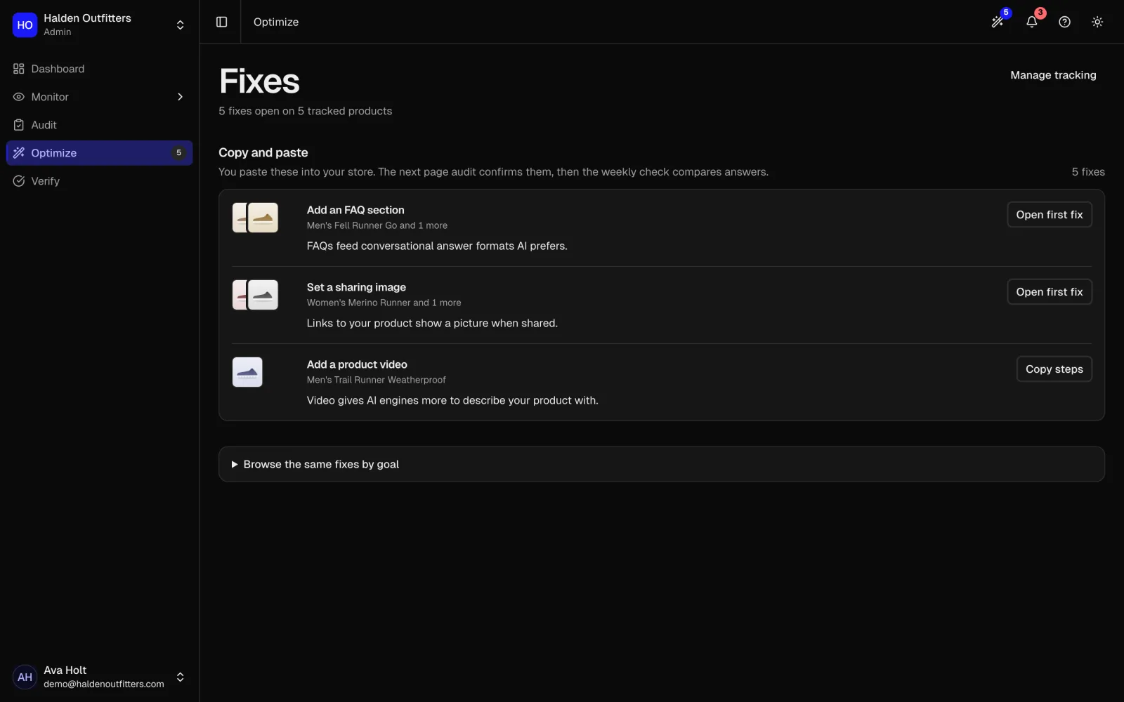 The Optimize screen: fixes grouped by how they are applied, each with the evidence for it