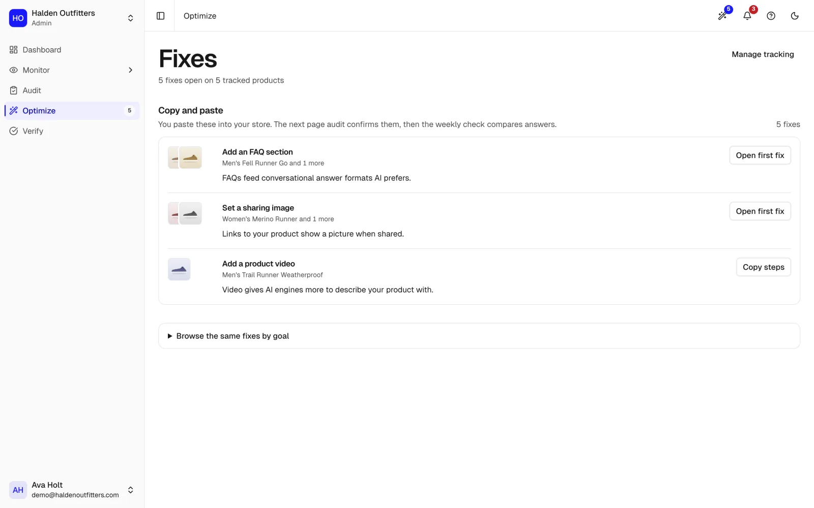 The Optimize screen: fixes grouped by how they are applied, each with the evidence for it