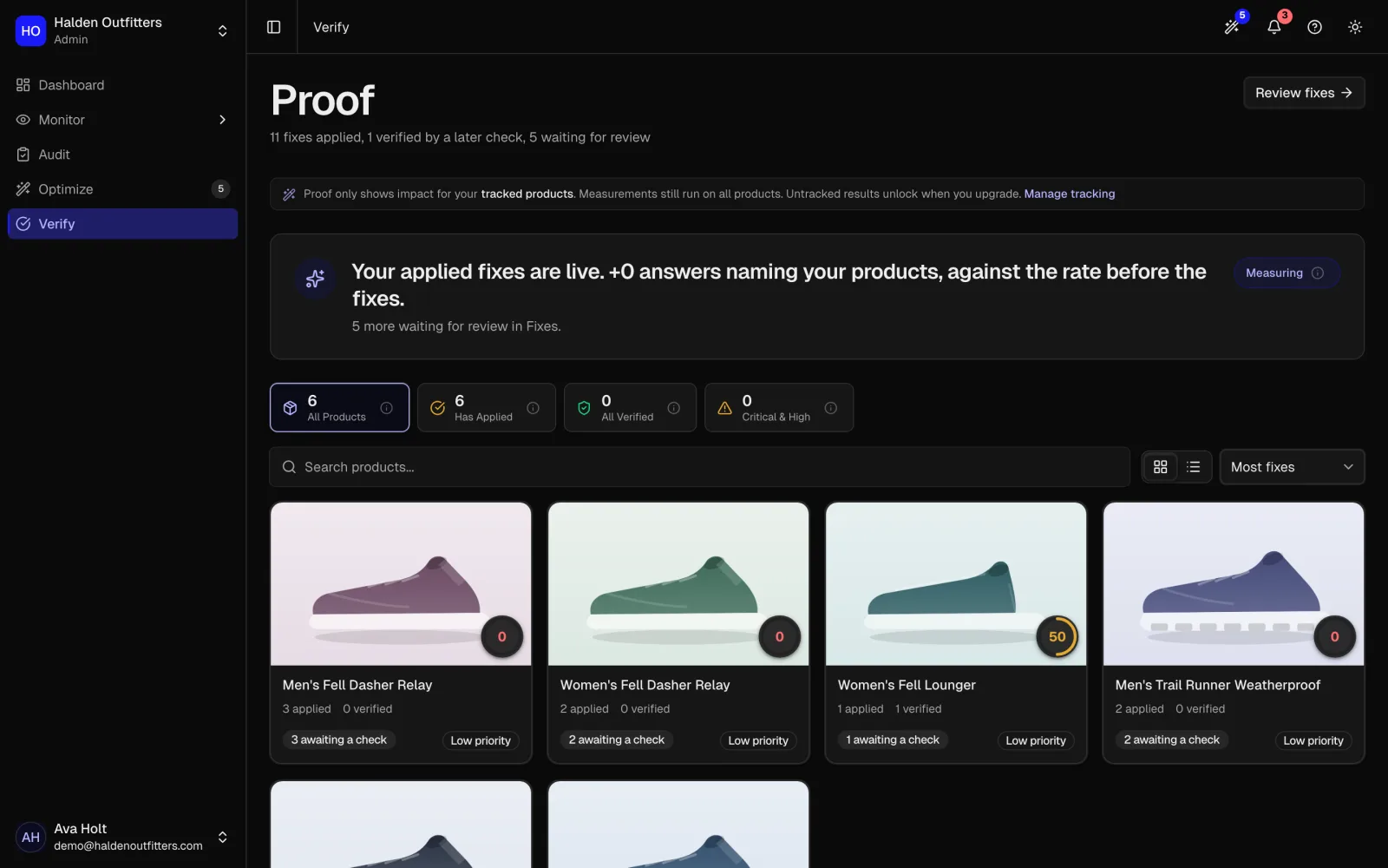 The Verify screen: products re-checked after a fix, before and after