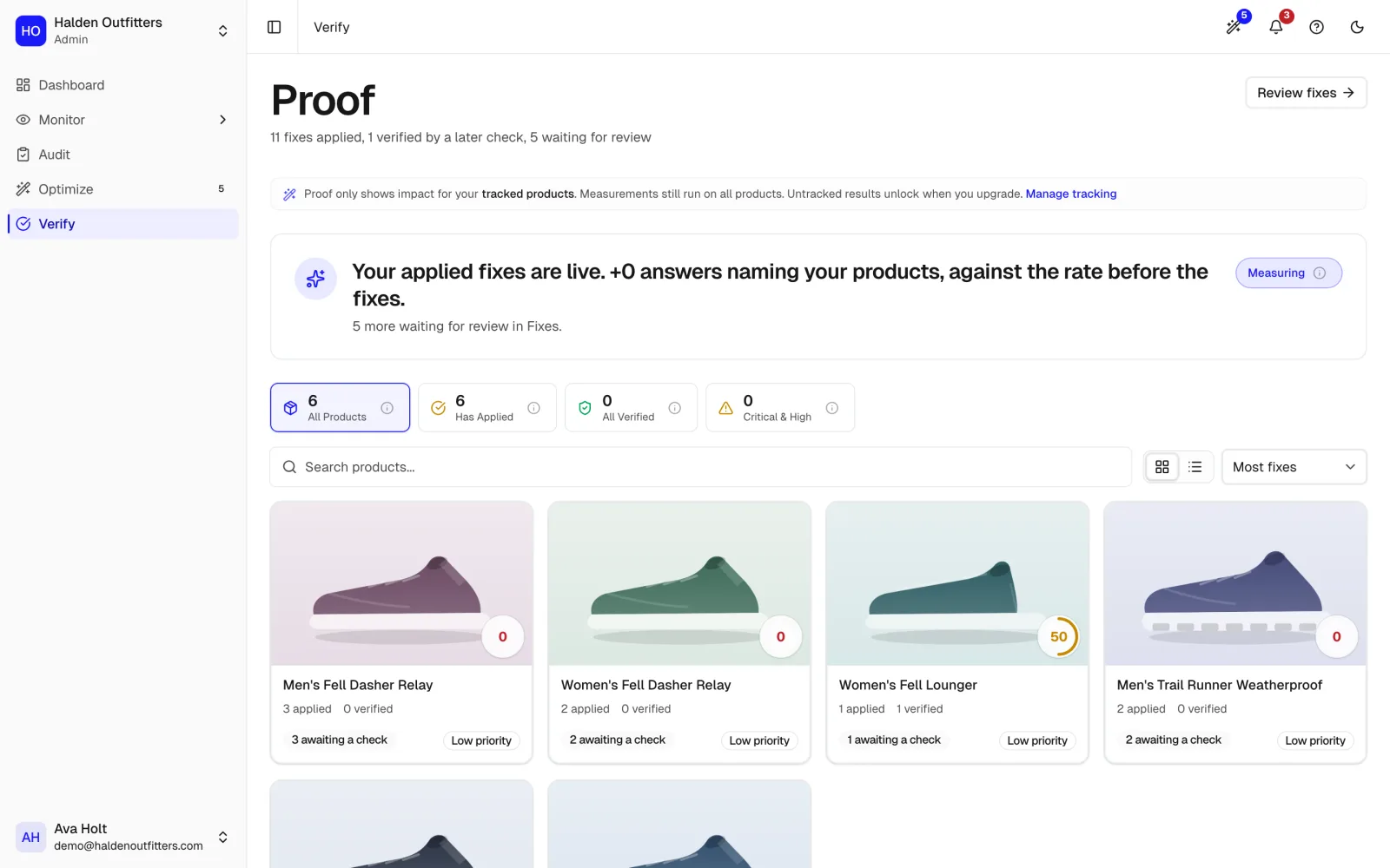 The Verify screen: products re-checked after a fix, before and after